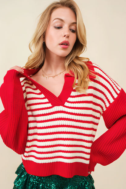 Red Stripe Lantern Sleeve V Golswar Drop Sweater