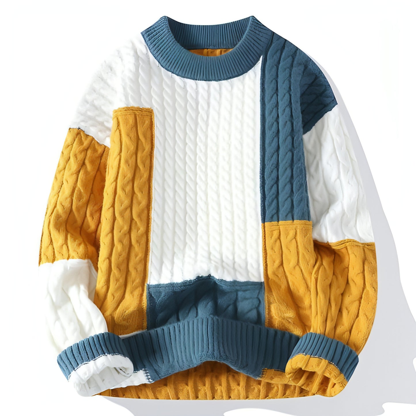 Men's Crew Neck Pullover Sweater Color Contrast Patchwork