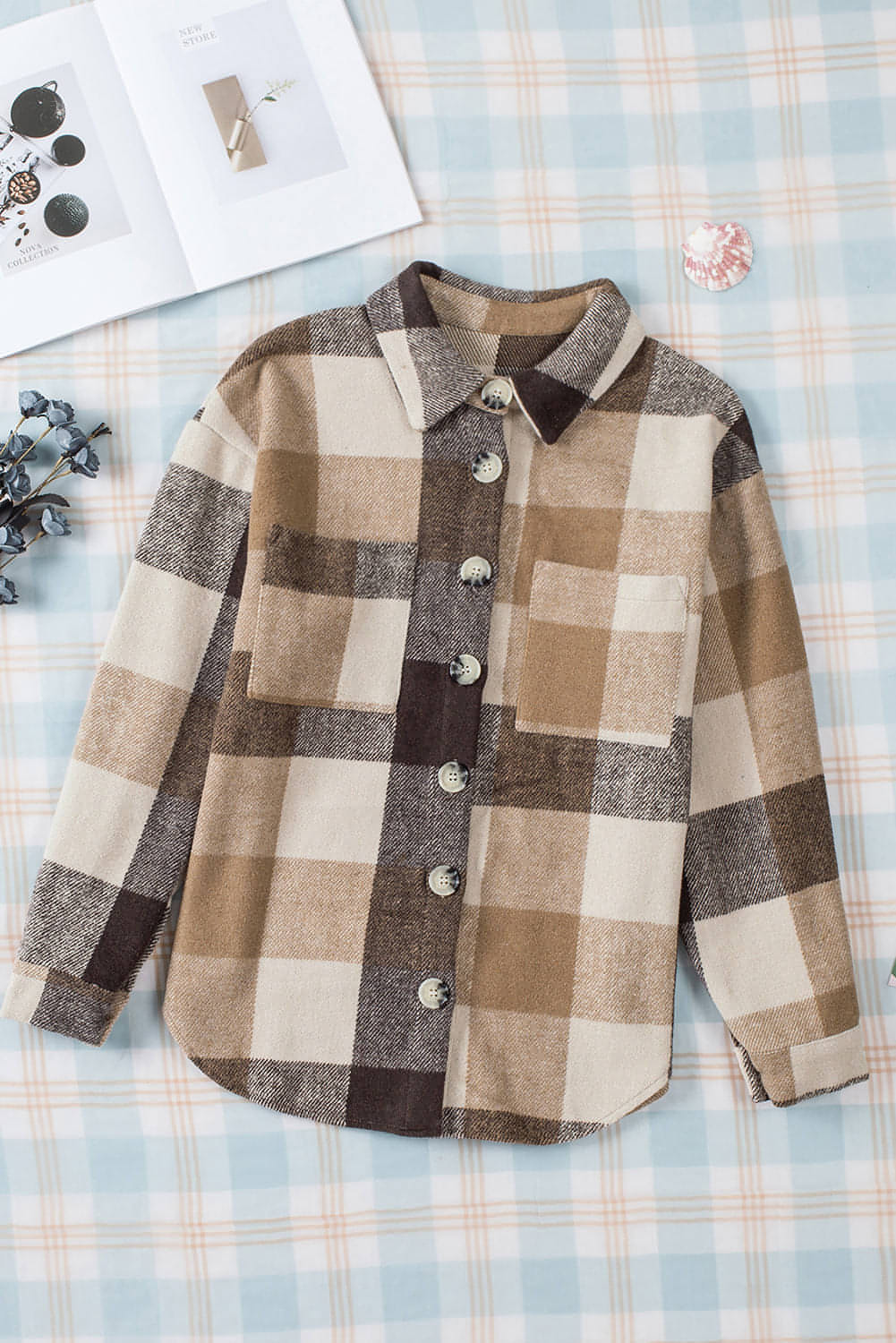 Khaki Plaid Color Block Buttoned Long Sleeve Jacke mit Tasche