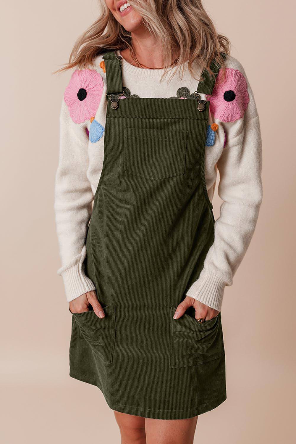 Vineyard Green Solid Frontlommer Ermeløs Corduroy Overall Dress