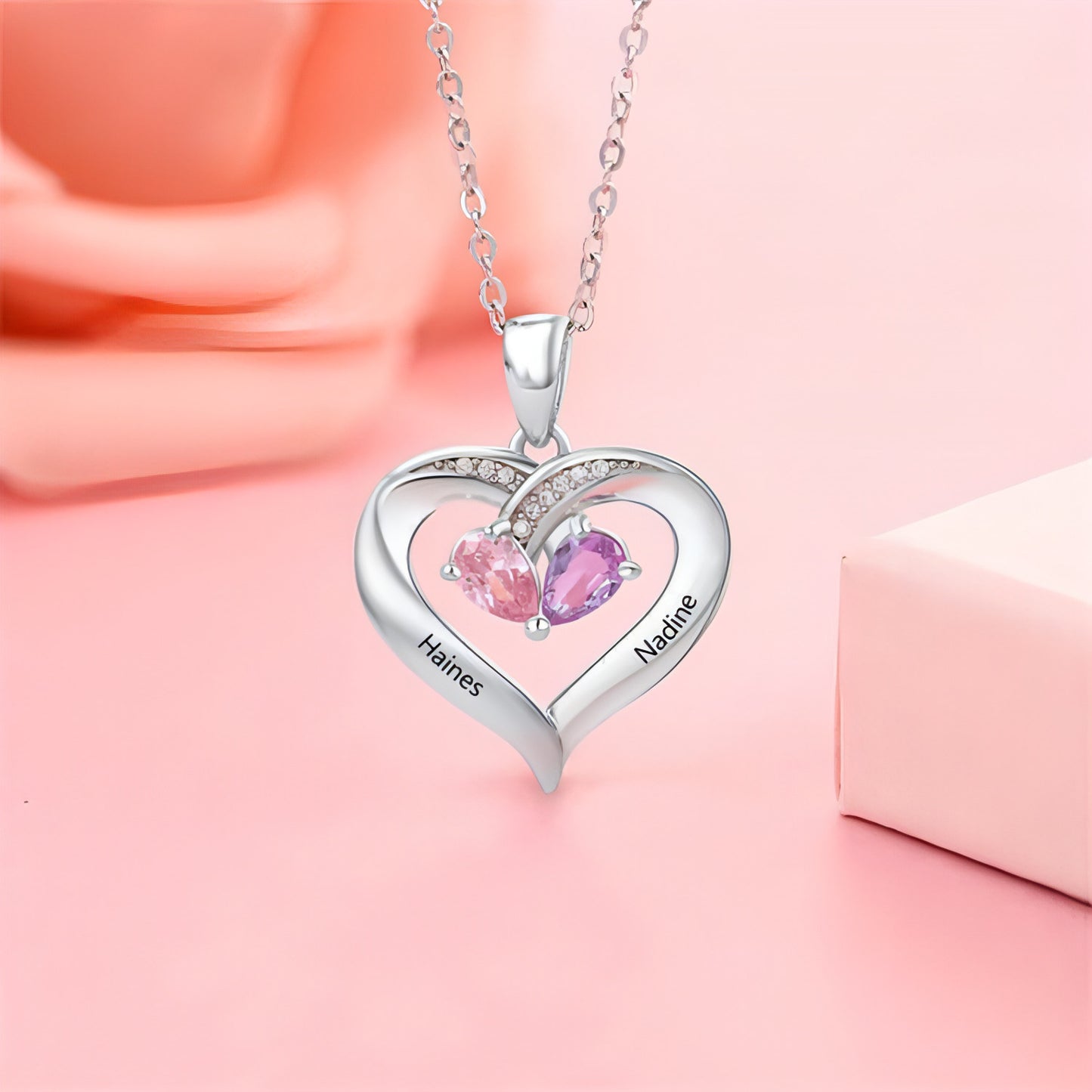 Personalized Heart-Shaped Gemstone Necklace – Custom Engraved Pendant