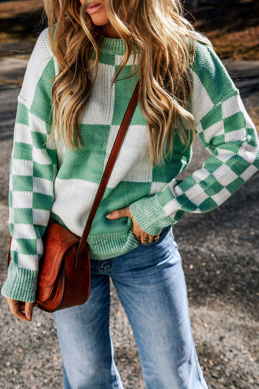 Mint Green Checkered Print Drop Shoulder tröja