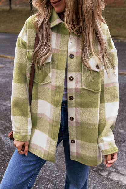 Sage Green Plaid Print Buttoned Flap Lommer Baggy Shacket