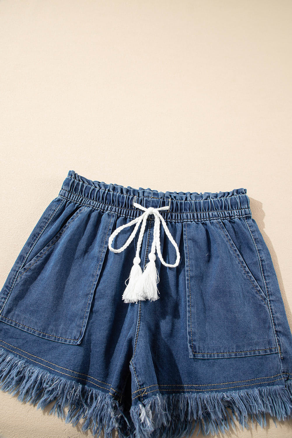 Ashleigh Blue Raw Hem Drawstring High Waist Denim Shorts with Pockets