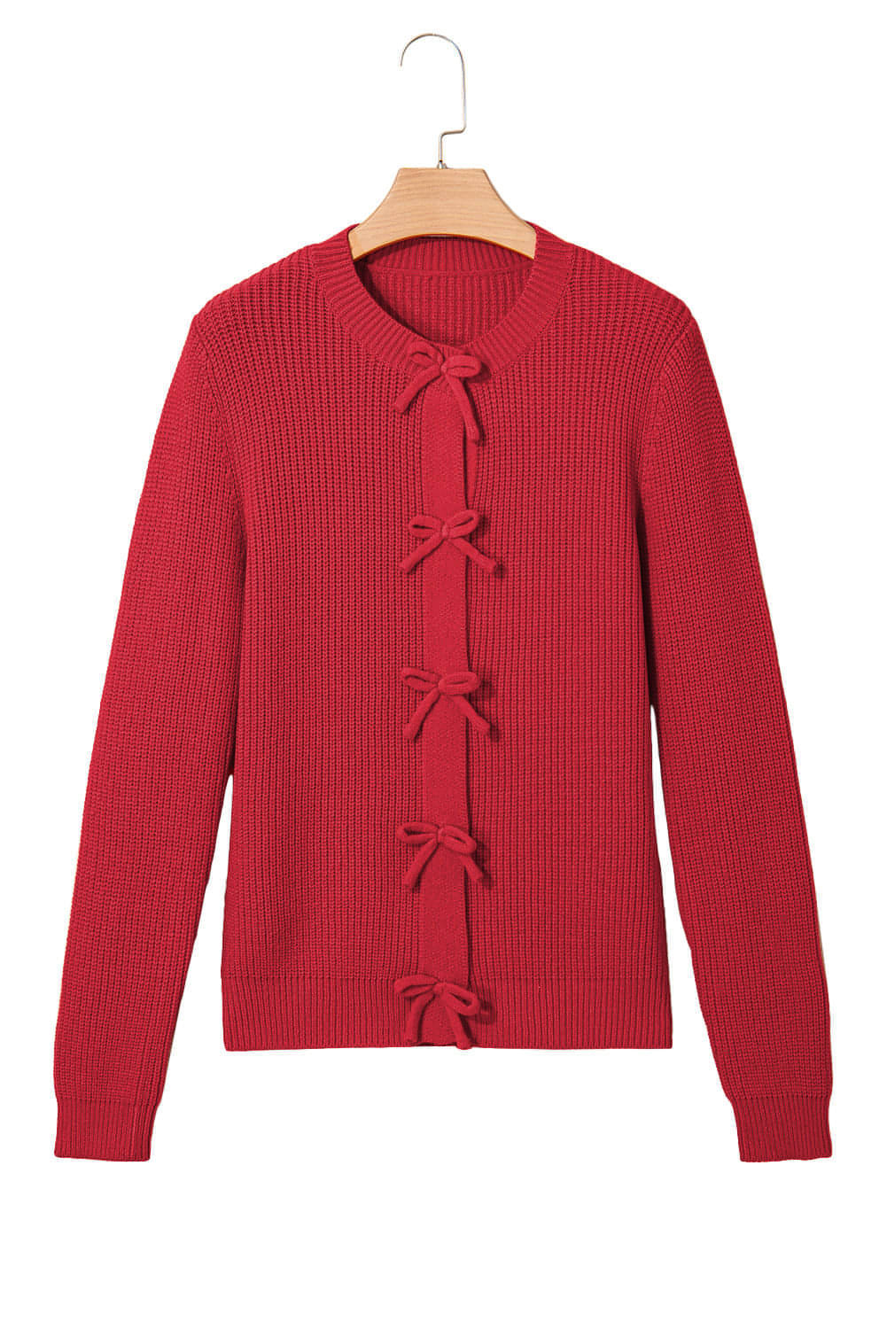 Cardigan con bottoni sul davanti con fiocco in maglia a coste rosso fuoco