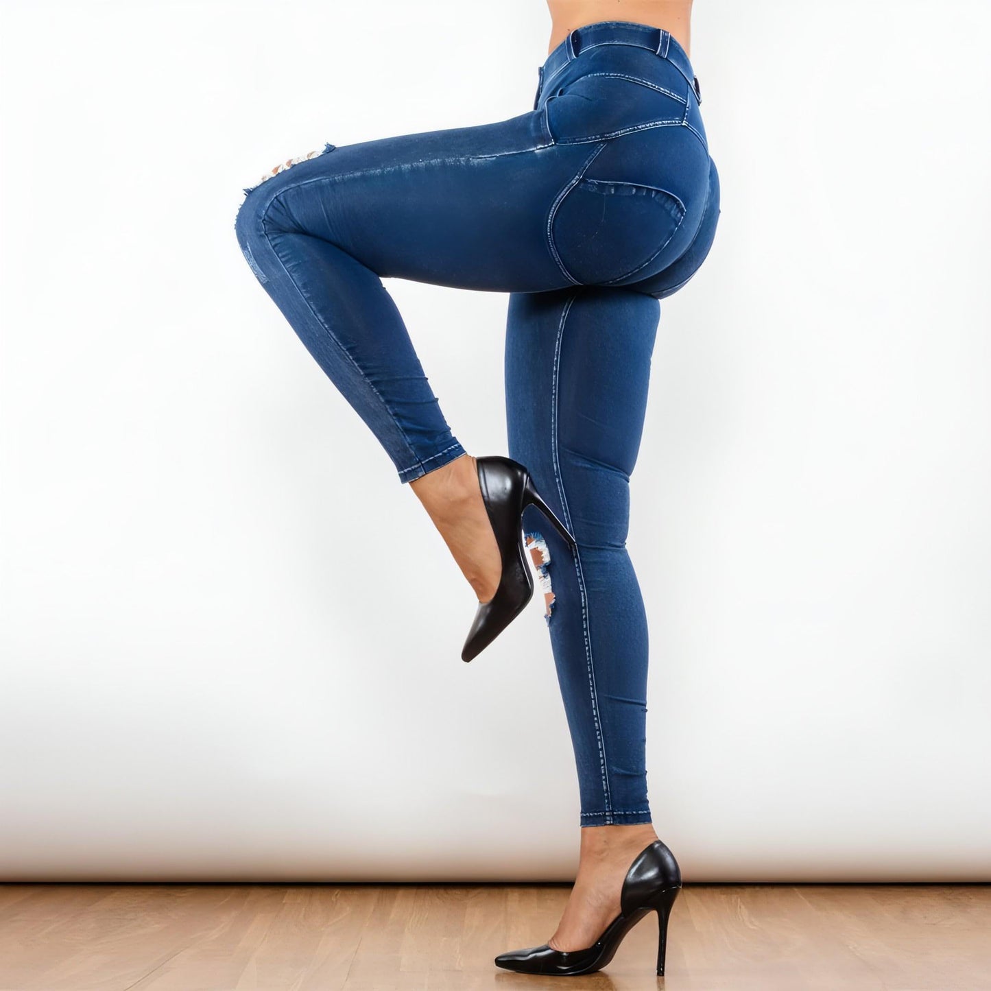 Shascullfites Melody Blue Washed Ripped Middle Waist Ripped Blue Lifting Jegging