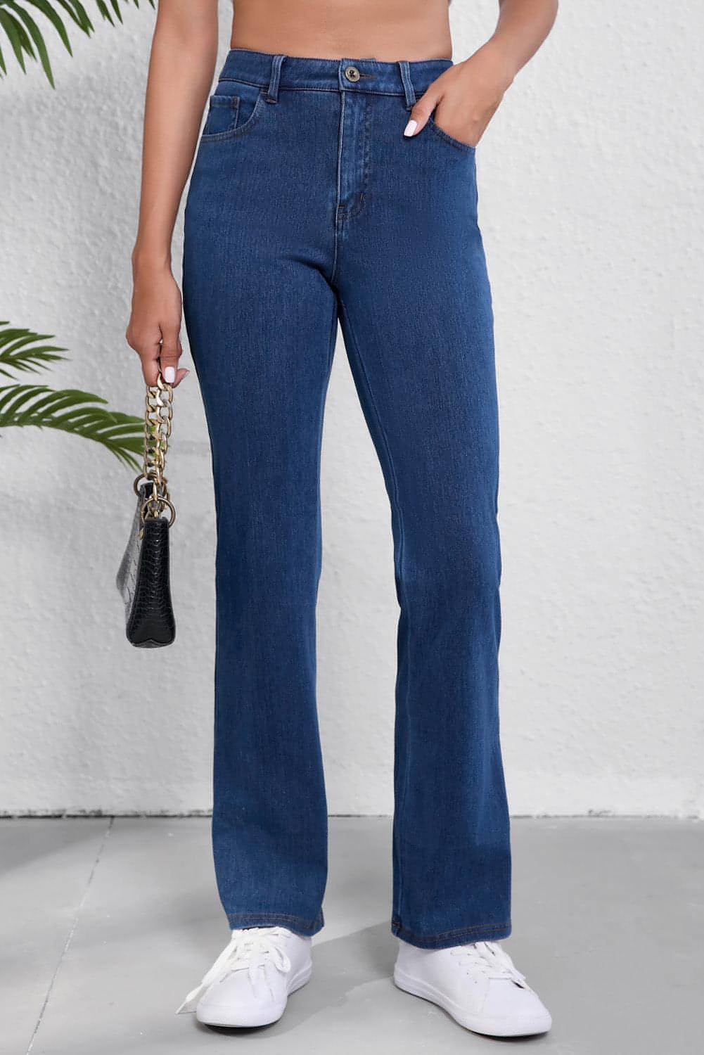 Ashleigh Blue Mid cintura malha elástica jeans de bootcut casual