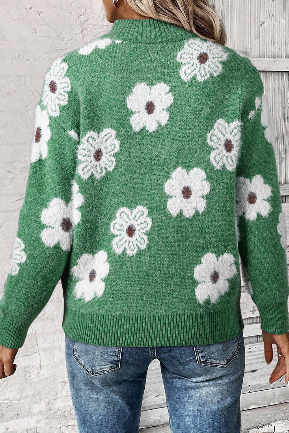 Grüner Blumenmuster halbe Reißverschluss -Schulterpullover