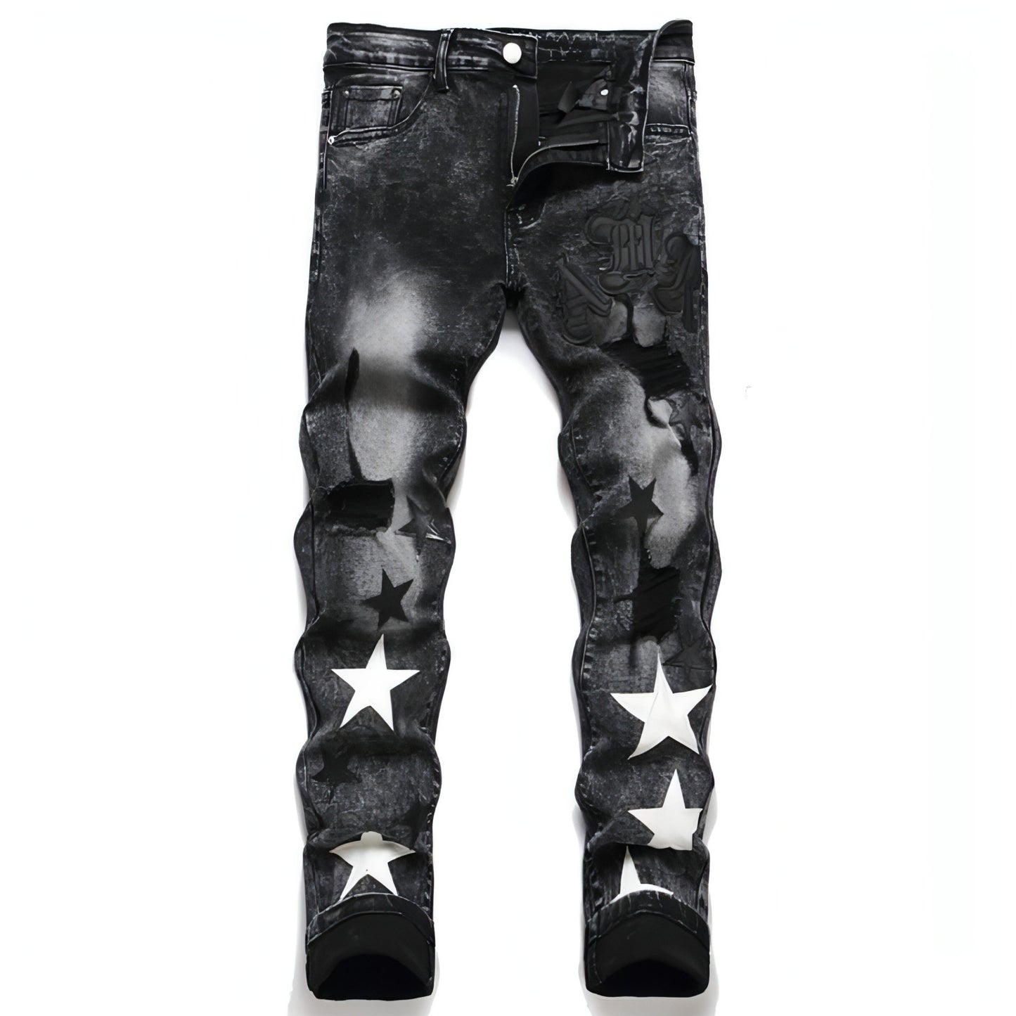 Punk Men's Jeans Hole Embroidery Five-pointed Star