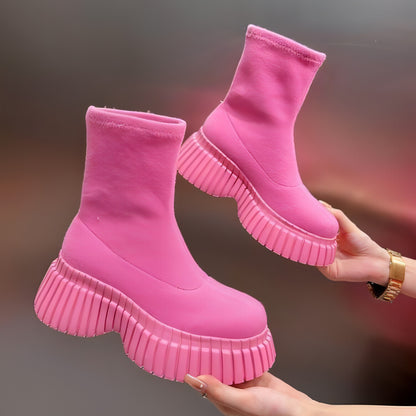 Thick Sole Long Boots Solid Color New Fashion Trendy Fly-woven Elastic Shoes Women's Winter FootwearHigh Boots