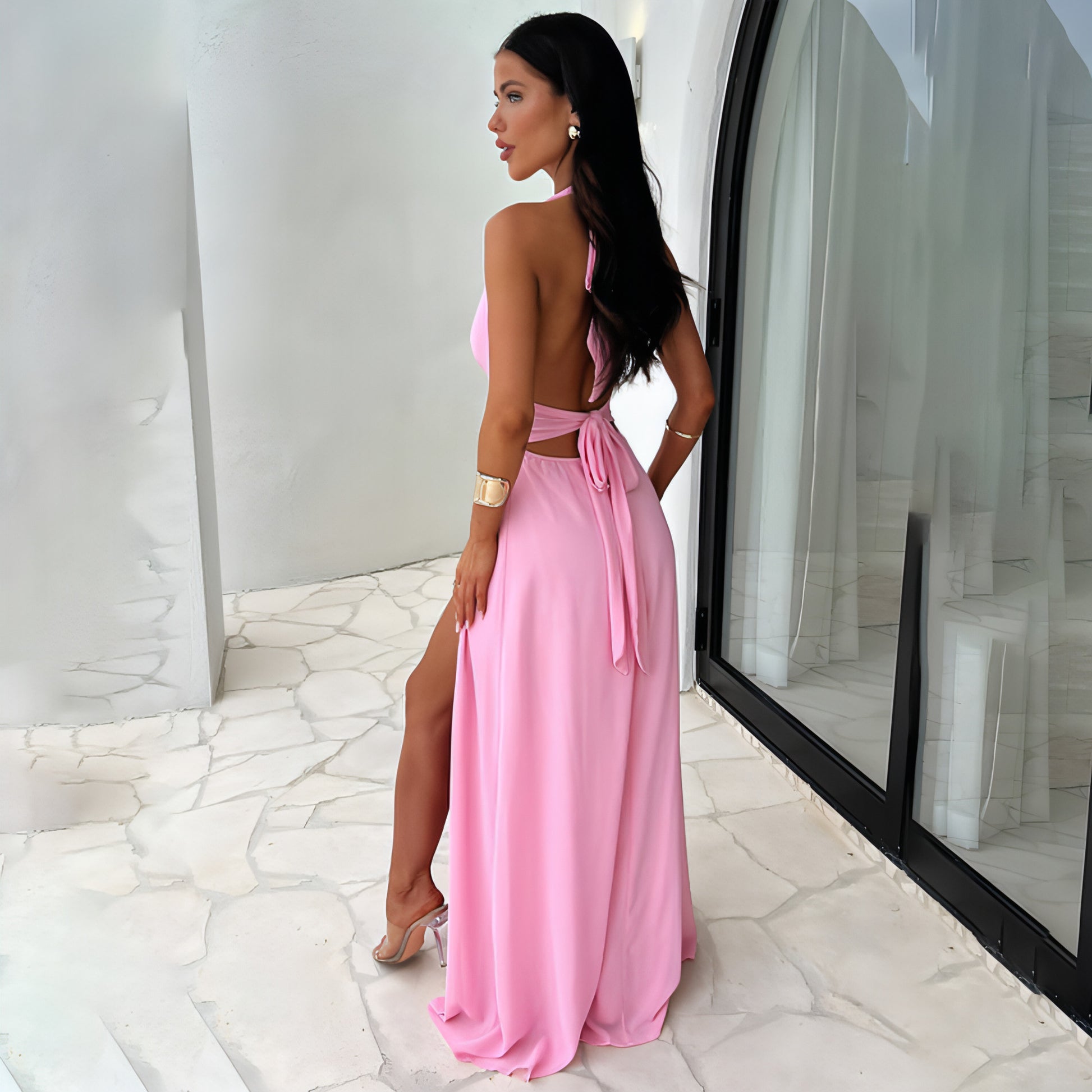 V-neck Slit Dress Summer Backless Strappy Skirt Fashion Temperament Clothing Women - WORLDSHOP