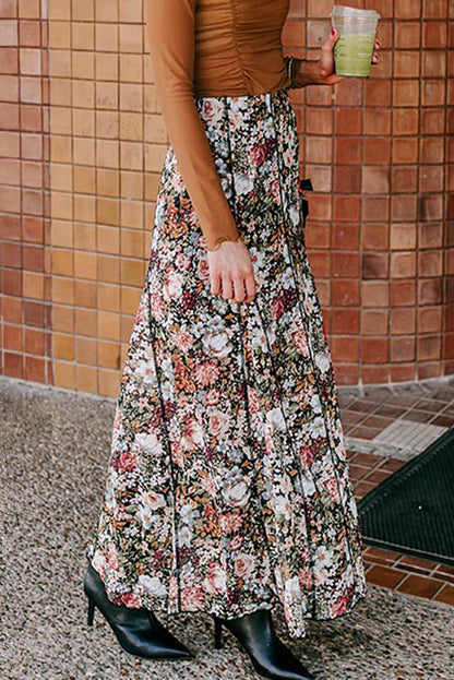 Bruine bloemenprint hoge taille maxi rok