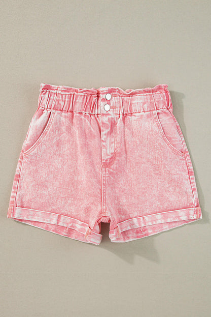 Støvet rosa Vintage Vasket Frilled High Waist Denim Shorts