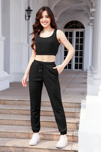 Waffle-Knit Cropped Tank and Drawstring Pants Set