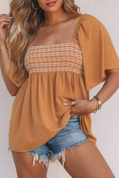 Brown Square Neck Wide Sleeves Flowy Top