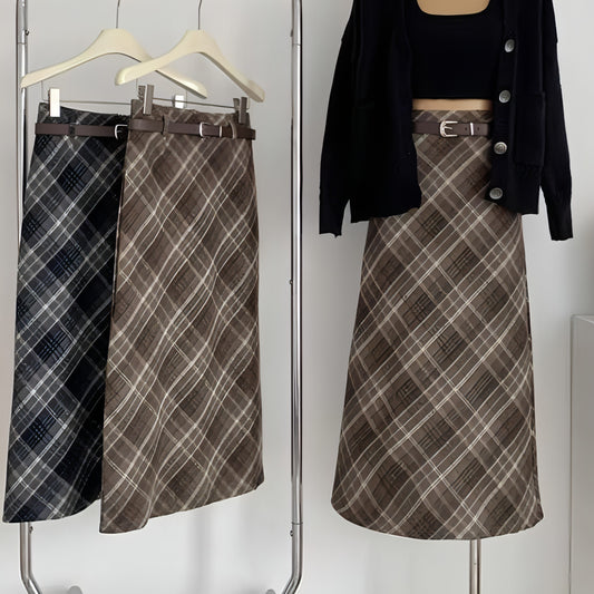 High Waist Mid-length Woolen Plaid Skirt For Women