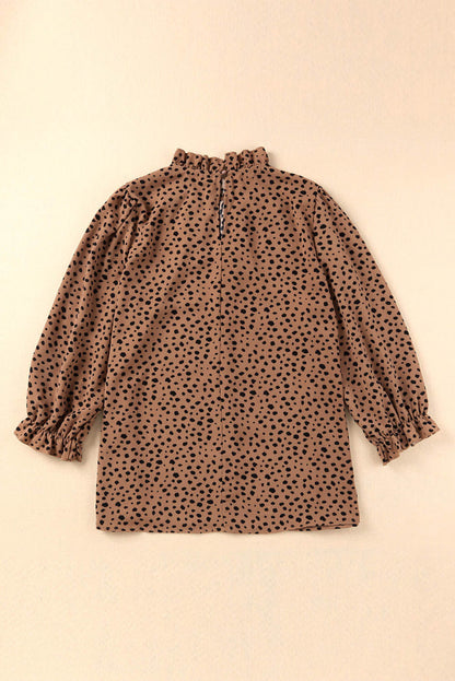 Brown Frilled Neck 3/4 Sleeves Cheetah Blouse