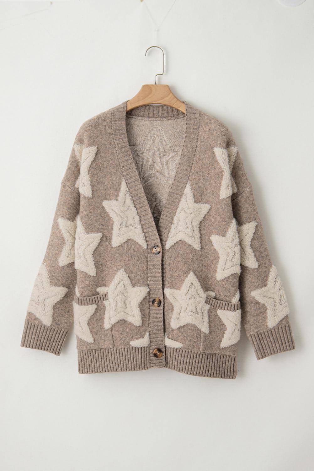 Cardigan maglione strutturato con motivo a stella Sherpa kaki con tasche