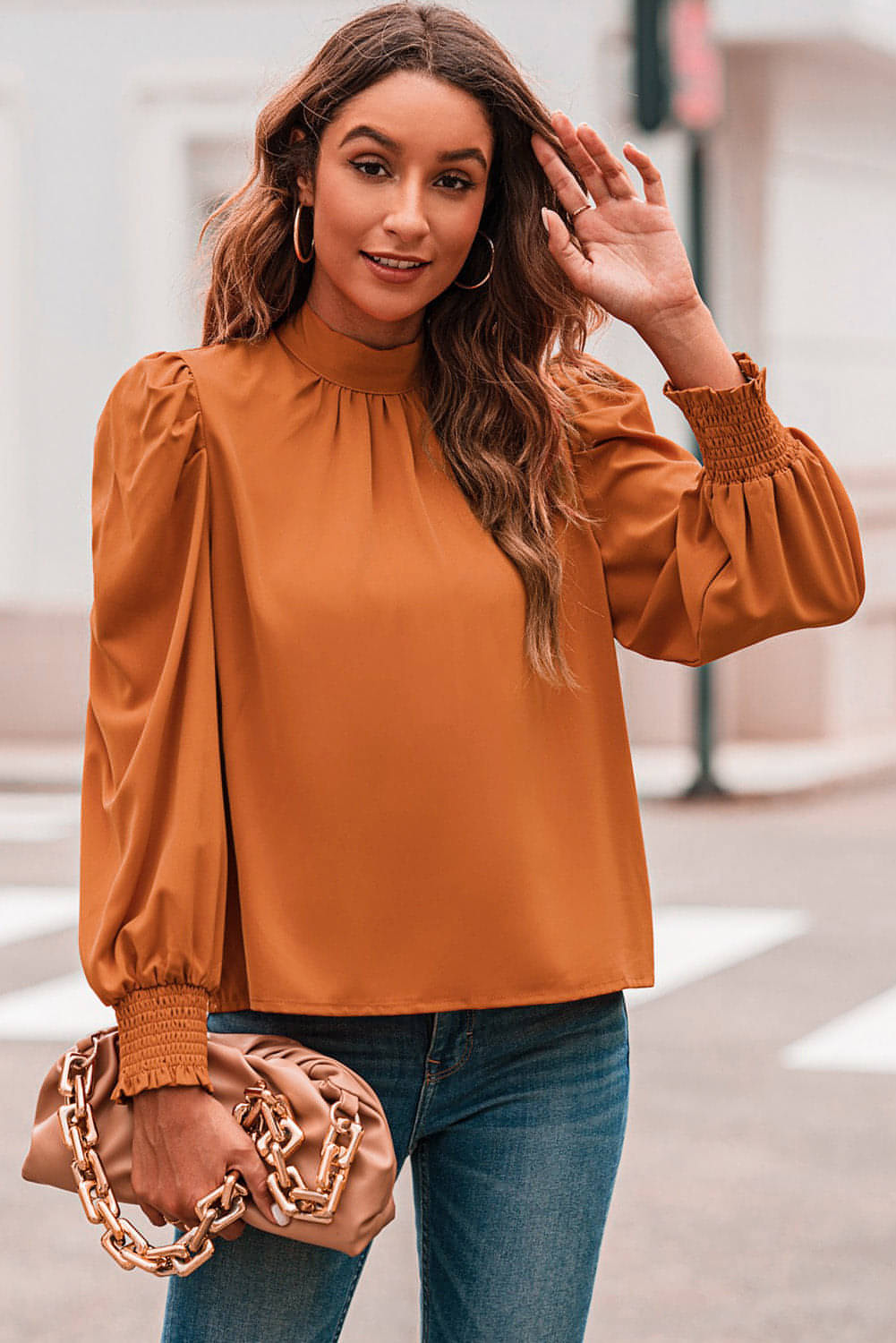 Orange lange Blasenhülle Scheinhals Chiffon Bluse