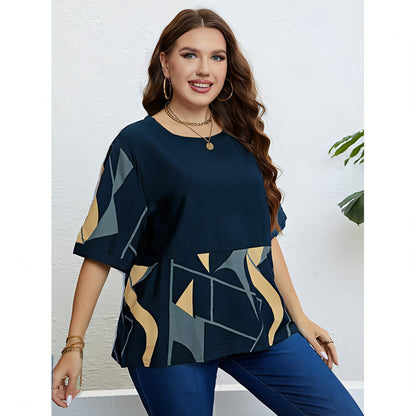 Camiseta holgada informal con cuello redondo y estampado artístico para mujer