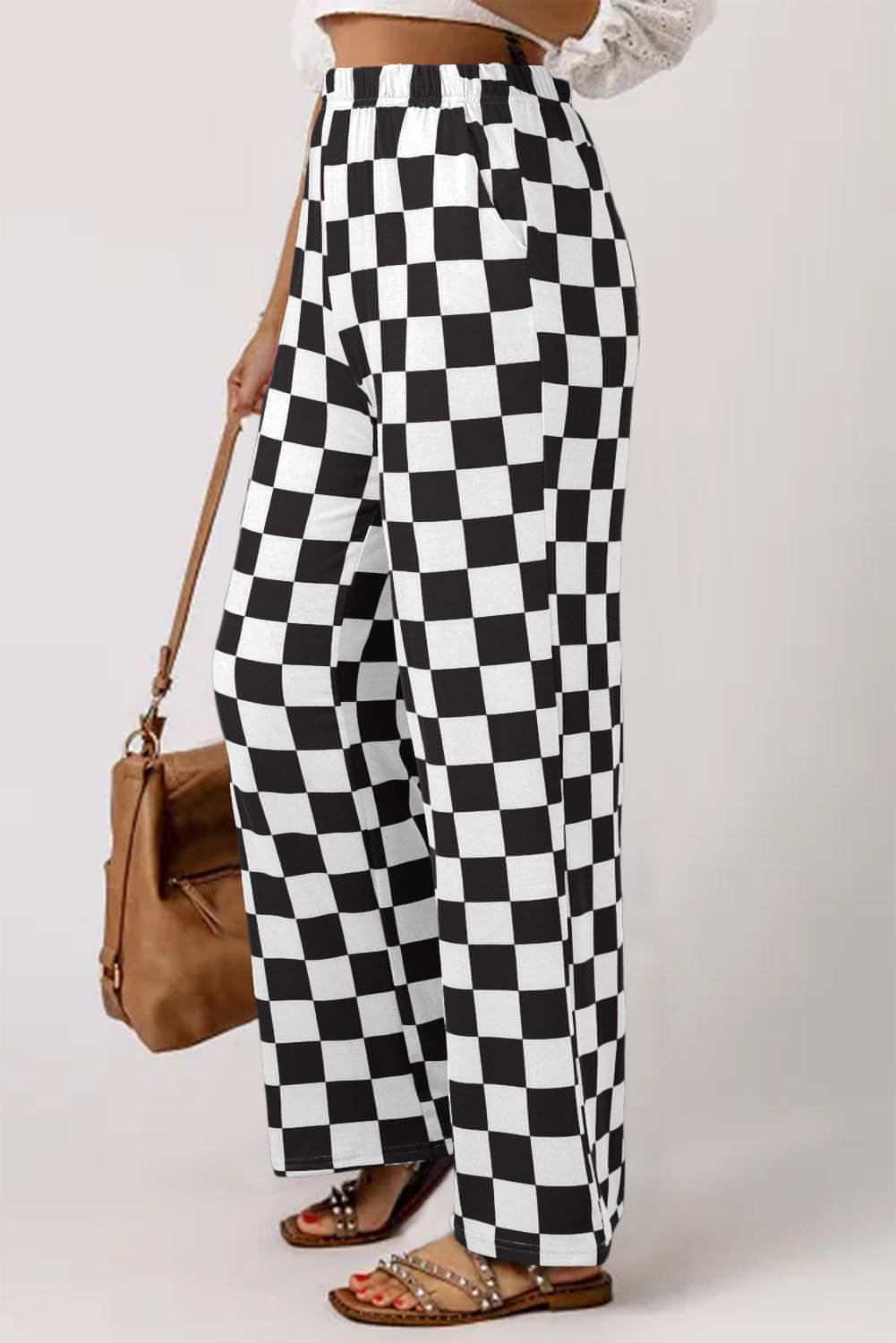 Black 2-Tone Checked Print High Waist Wide Leg Pants