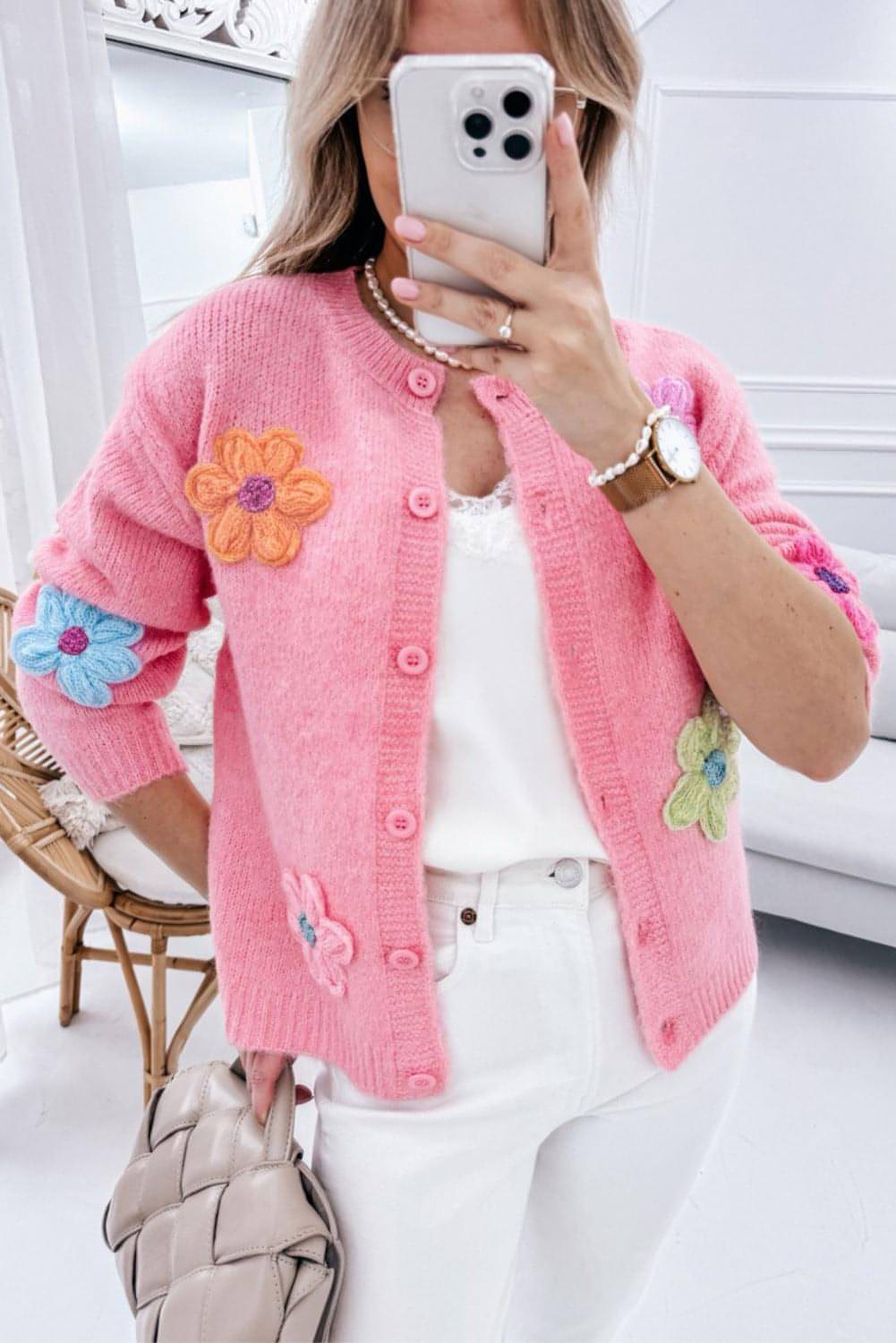 Pink Cute Knitting Floral Pattern Button Up Cardigan