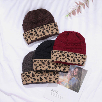 Ladies Autumn Winter Leopard Print Cuffed Acrylic Knitted Hat