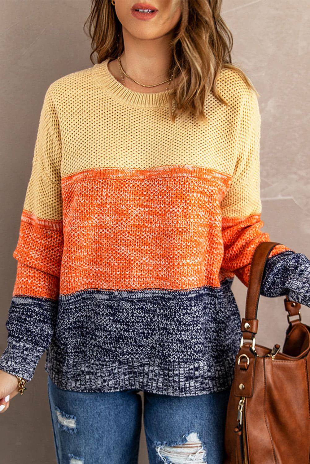 Blue Color Block Netted Texture Pullover Sweater