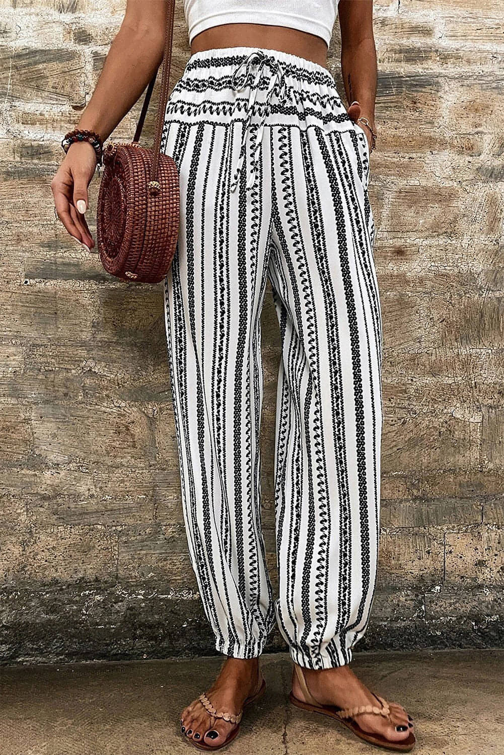 Crna pruga boho prugasti print casual hlače