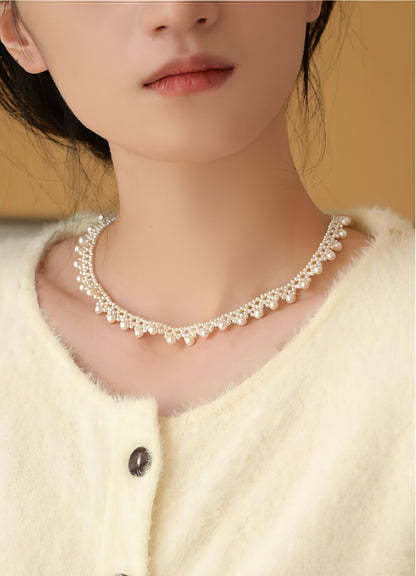 Vintage Pearl Choker with Gold Lace Accents