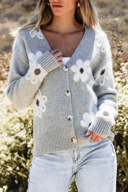 Cardigan con bottoni lavorato a maglia con stampa floreale grigio chiaro e scollo a V