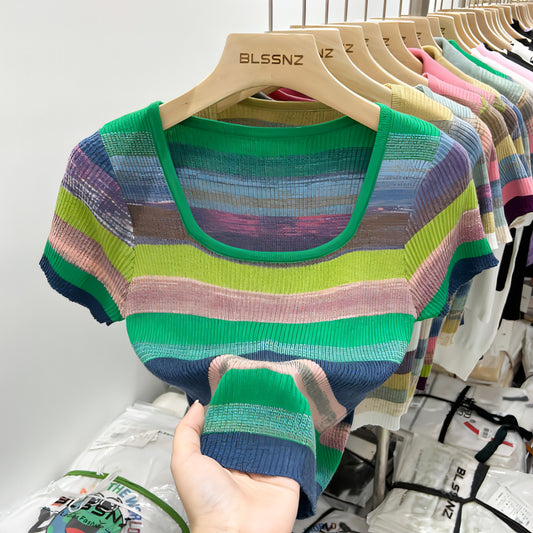 Sweter de seda listrado de gelo de gola quadrada de colar de gola curta feminina