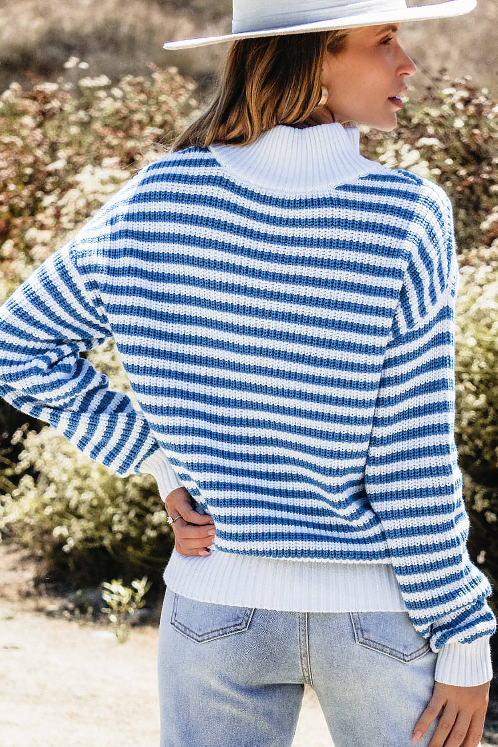 Sky Blue Stripe Zip Up kraag druppel schoudertrui