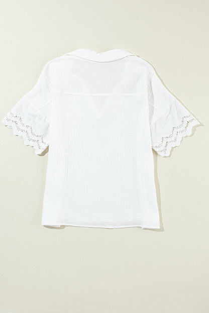 White Crinkled Lace Splicing Sleeve Collared V Neck Blouse