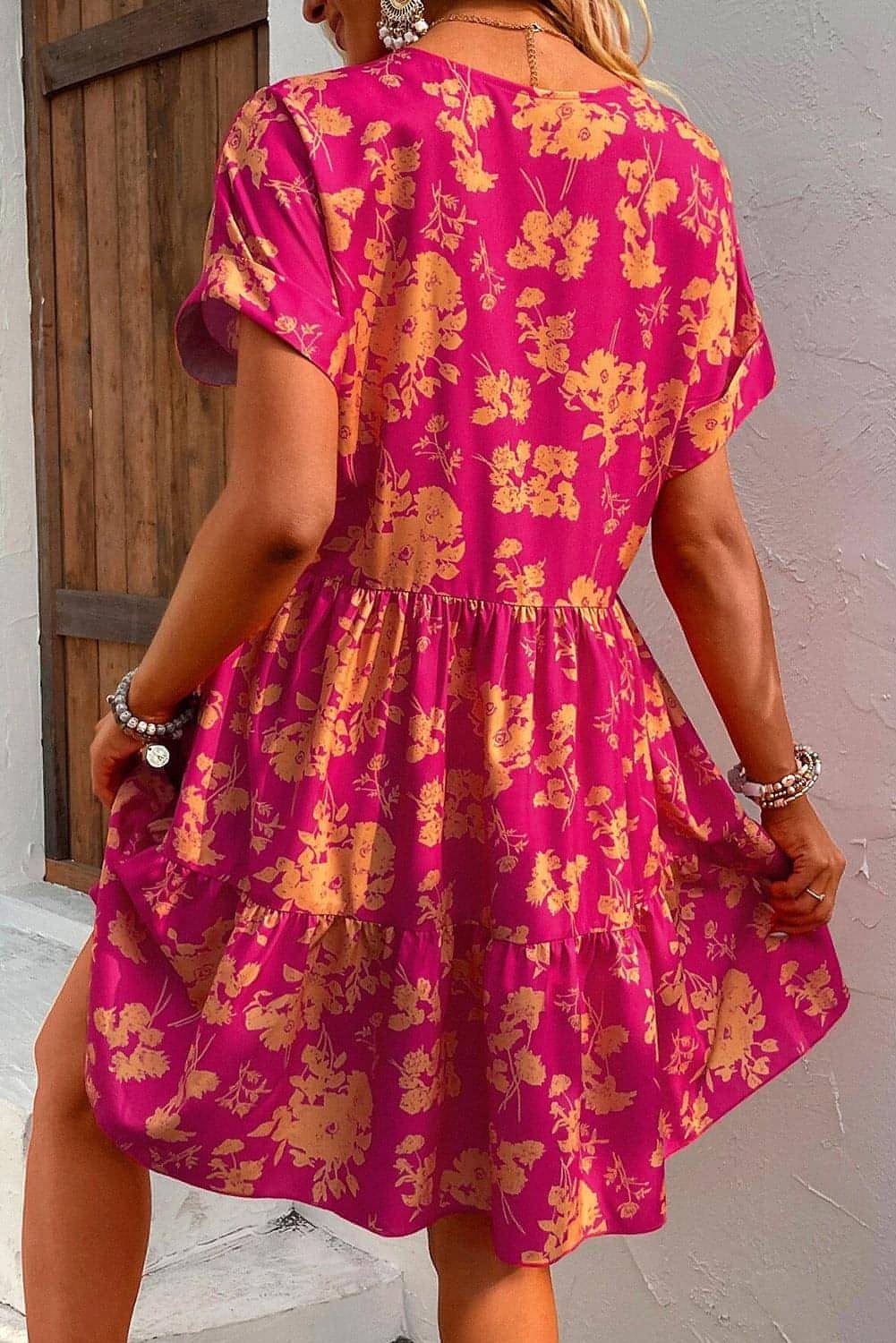 Rose Floral Print Batwing Sleeve Smock Dress