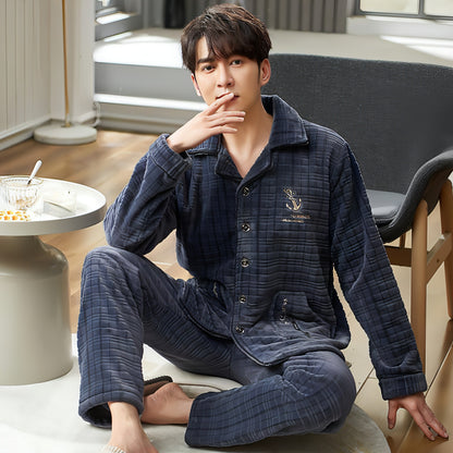 Terno de pijamas de flanela de inverno masculino