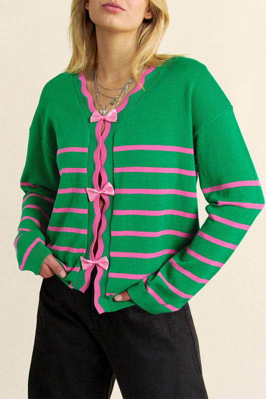 Green Stripe Ribbon süßer Bogendetail Sweater Strick -Strickjacke