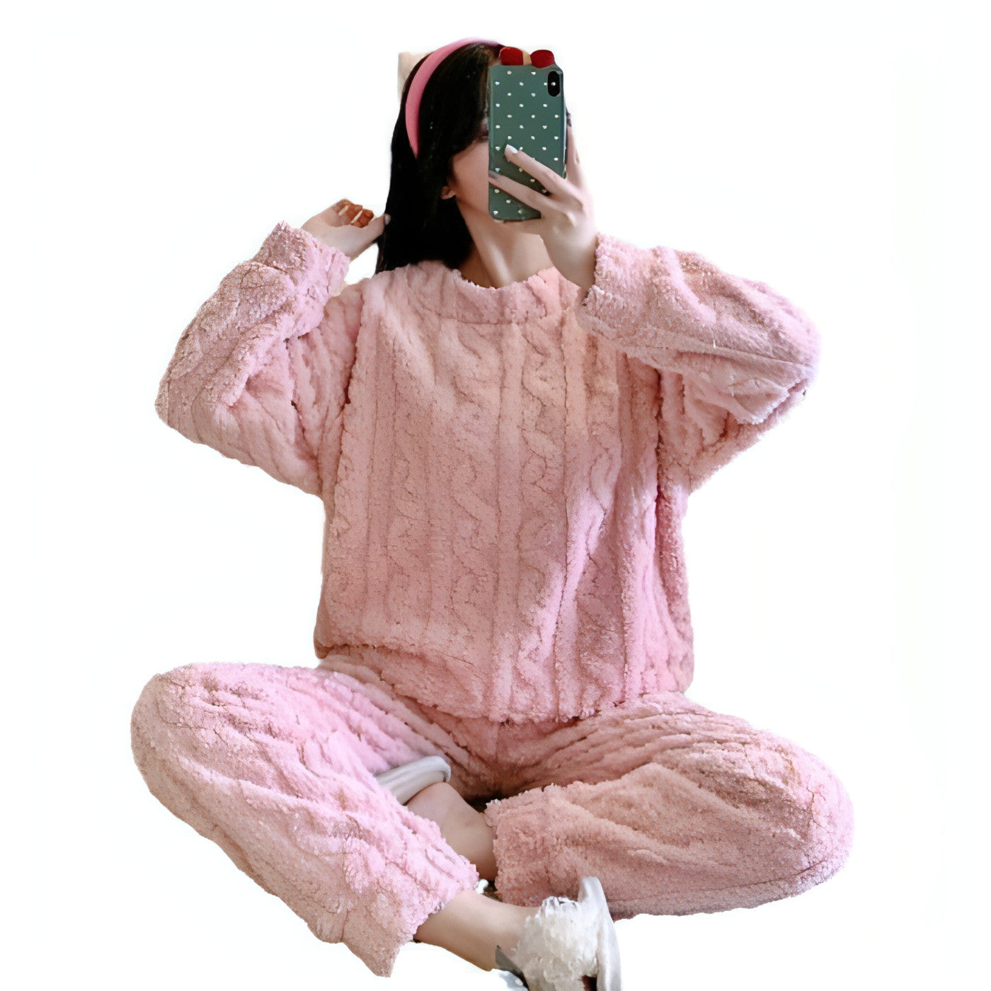 Dicker Fleece-Pyjama für Damen, Thermo-Rundhals-Flanell-Homewear-Anzug