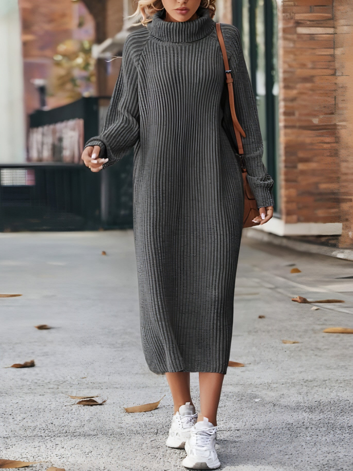 Long Below The Knee Loose High Collar Knitted Dress Sweater