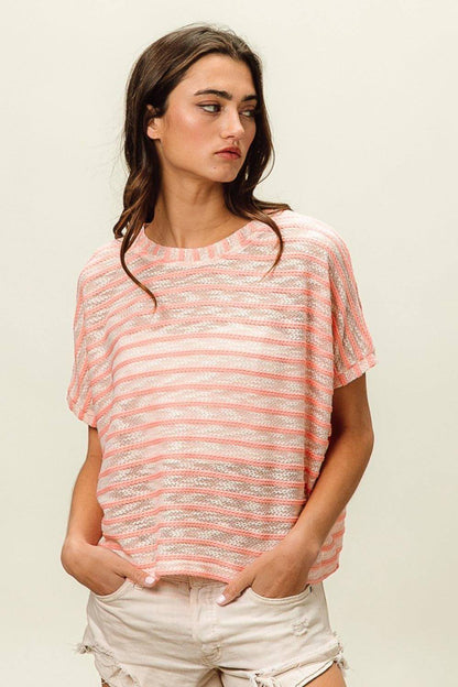 BiBi Braid Striped Short Sleeve Round Neck T-Shirt