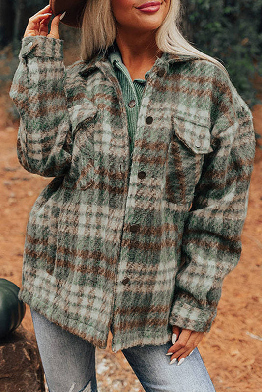 Mist Green Plaid Print Bröstfickor avvisar krage hak