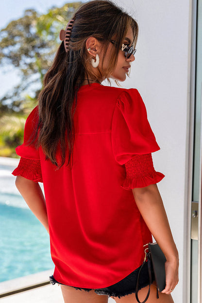 Fiery Red Solid Color Half Sleeve V Neck Blouse