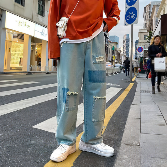 Pantalones de calle de corte alto, vaqueros rotos, pierna recta y suelta para hombre