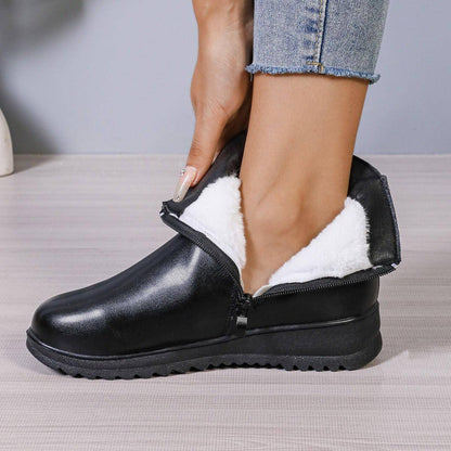 Winter Fleece Boots With Side Zipper Design Fashion Simple Non-slip Ankle Boots For Women Warm Pu Leather Shoes