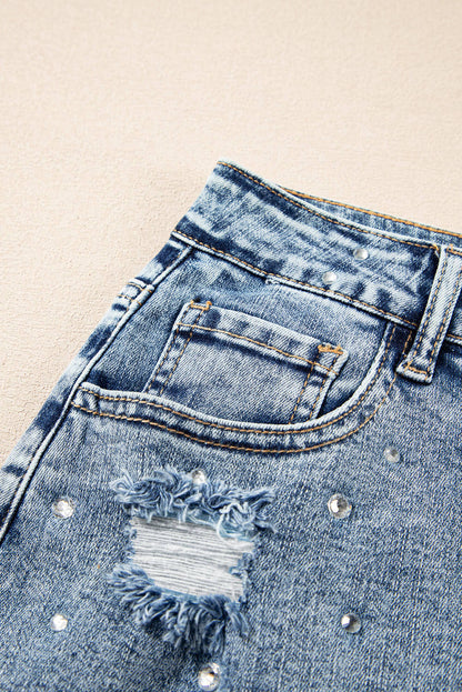 Dusk Blue Rhinestone Distressed Denim High midje minikjol