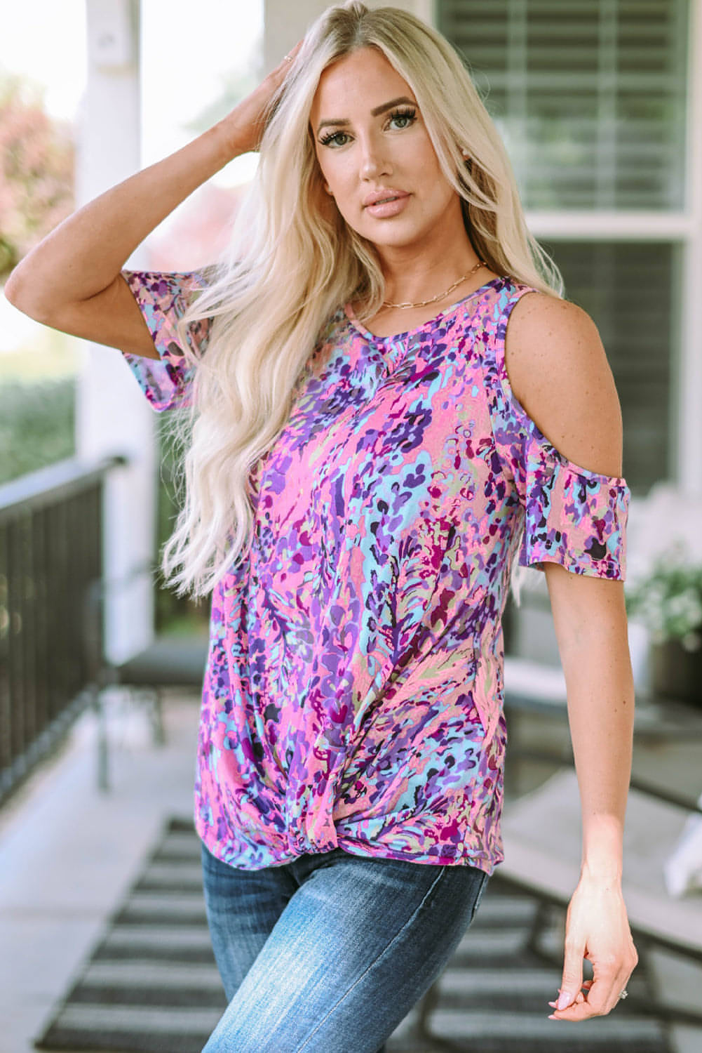 Multicolor lavendel blomsterprint kald skulder bluse