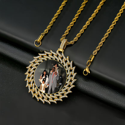 Personalized Round Diamond Sunflower Necklace – Custom Photo & Engraved Pendant