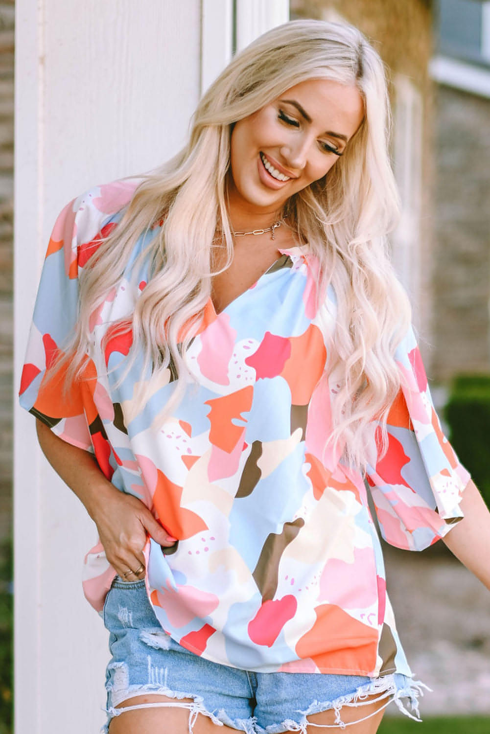 Multicolor Floral Print V Neck Half Sleeve Blouse