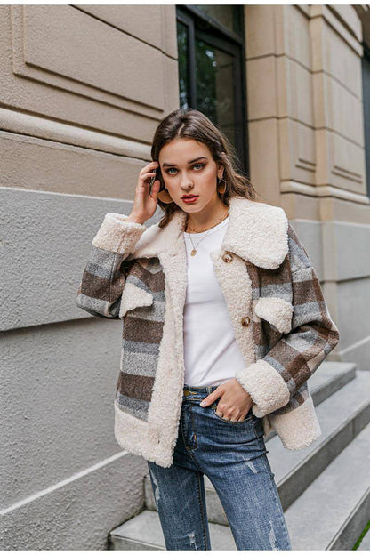 New coat plaid lamb wool thick plaid coat