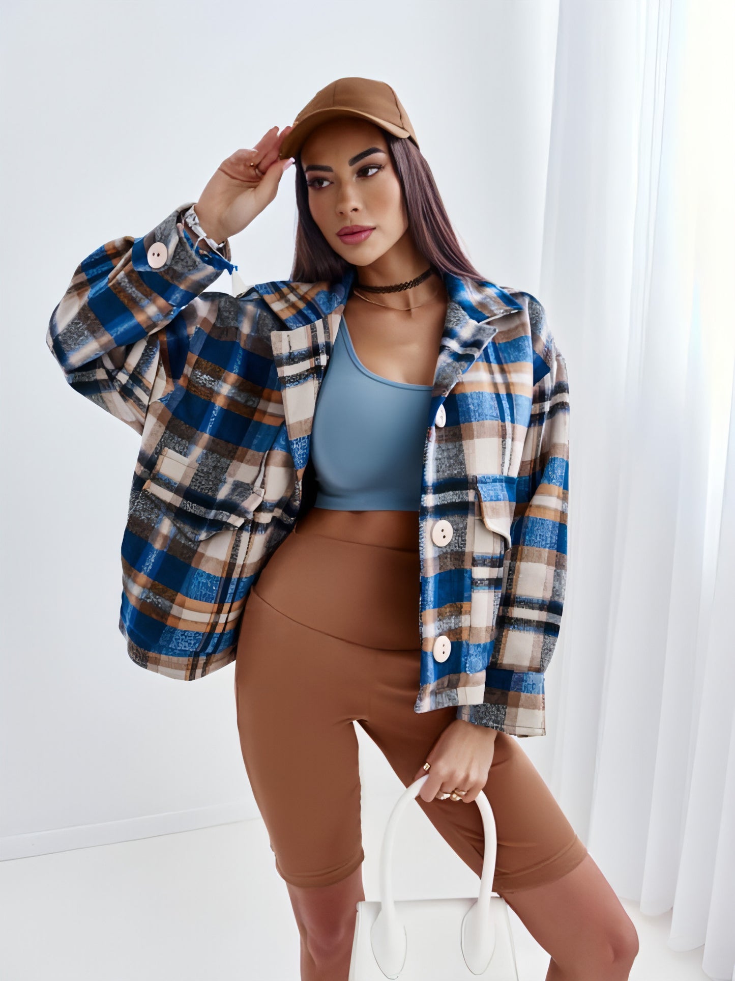 Women's Loose Plaid Lapel Woolen Jacket